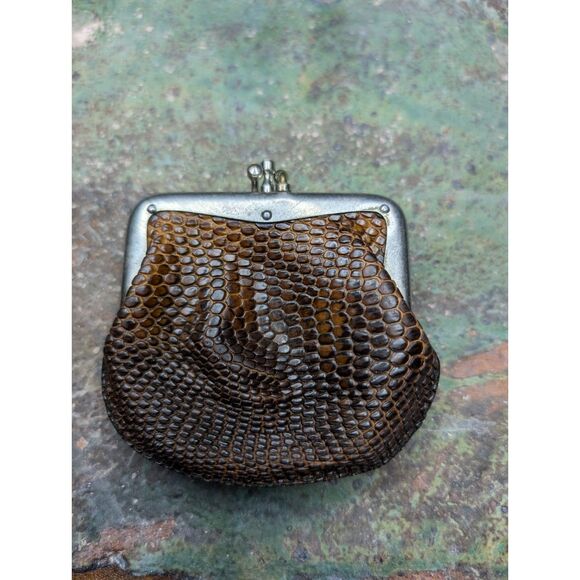 Handbags - Vintage Leather Coin Purse – Reptile Texture, Patina, Kiss Clasp, No Divider